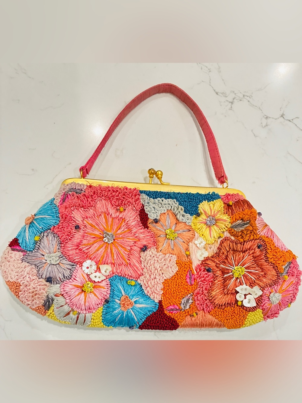 Santi Anthropologie Hand embroidered 3D Floral Kiss Lock Frame Clutch Bag